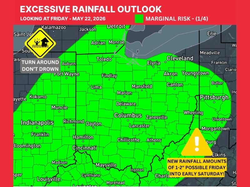 Excessive Rainfall Outlook Issued for Ohio Friday May 22 With 1 to 2 Inches of New Rain Possible on Already Saturated Soils Raising Minor Flooding Concerns Into Early Saturday