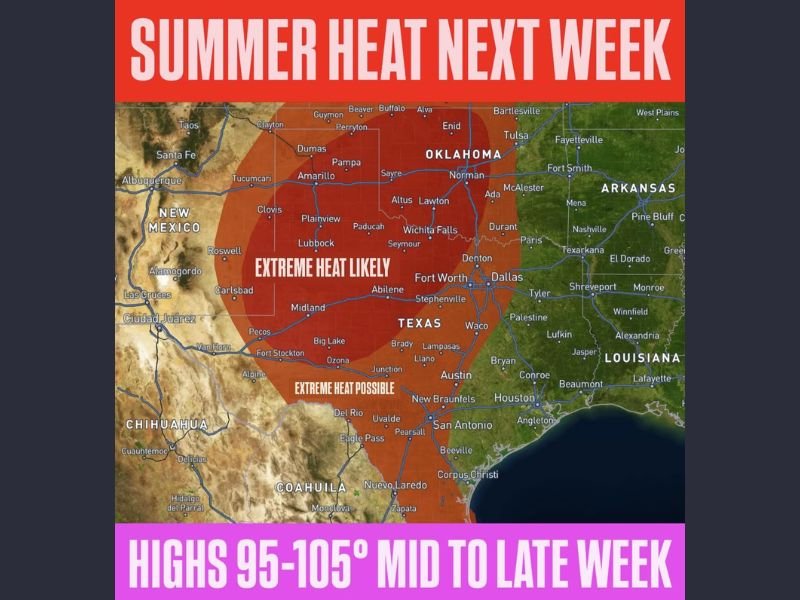 Extreme Summer Heat Builds Across Texas, Oklahoma and New Mexico Next Week With Highs of 95 to 105 Degrees Expected From Mid to Late Week