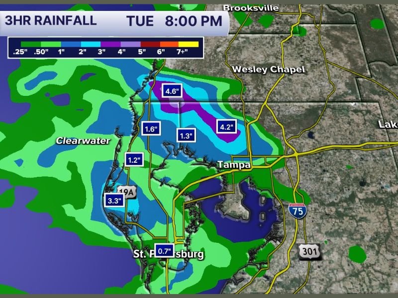 Extreme Three Hour Rainfall Totals Exceed 4 to 6 Inches Across the Tampa Bay Region Tuesday Evening With Localized Flooding Concerns From Clearwater Through North Tampa