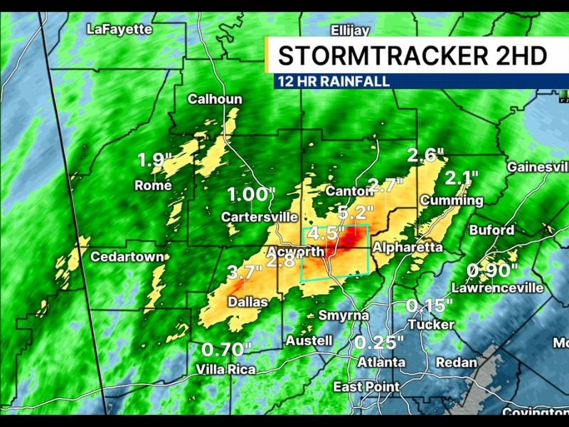 Flash Flood Warning Issued for Cobb and Cherokee Counties Georgia After Over 5 Inches of Rain Falls With 12 Hour Totals Reaching 5.2 Inches Near Canton and Acworth