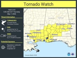 Flash Flood Warnings and Over Four Inches of Rain Slam Alabama From York to Auburn as Tornado Watch Remains Active for South Alabama Until 6 AM CDT May 7, 2026