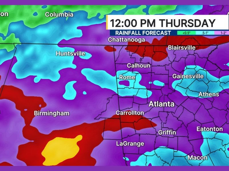 Flood Watch Issued for Atlanta and North Georgia as Heavy Rain Brings Up to 4 Inch Totals From Wednesday Afternoon Through Thursday Morning