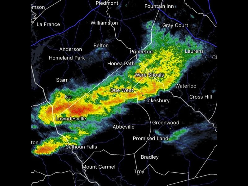 Heavy Rain Band Sweeps Through Iva, Abbeville, Greenwood, and Laurens Counties in South Carolina Delivering Significant Rainfall Across the Upstate Corridor
