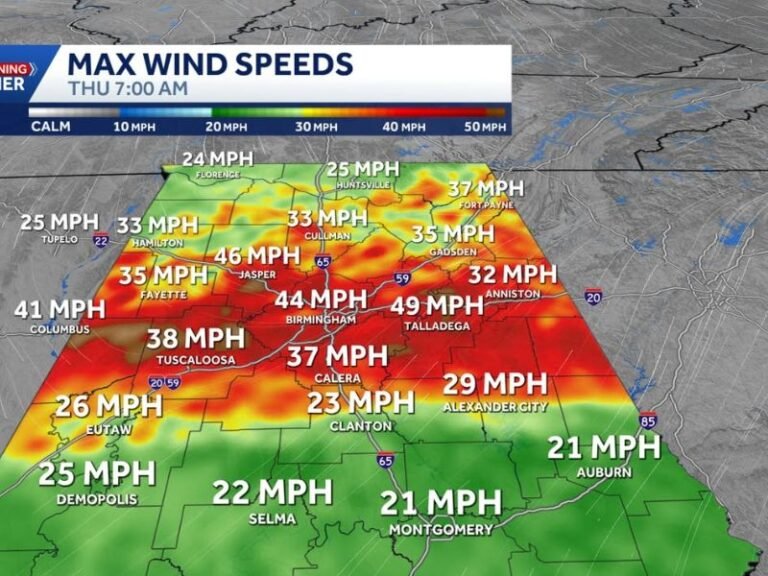 Heavy Rain Flash Flood Risk and 46 MPH Wind Gusts Target Alabama Wednesday Night Into Thursday Morning Across Birmingham, Jasper, Tuscaloosa, Cullman, and Gadsden
