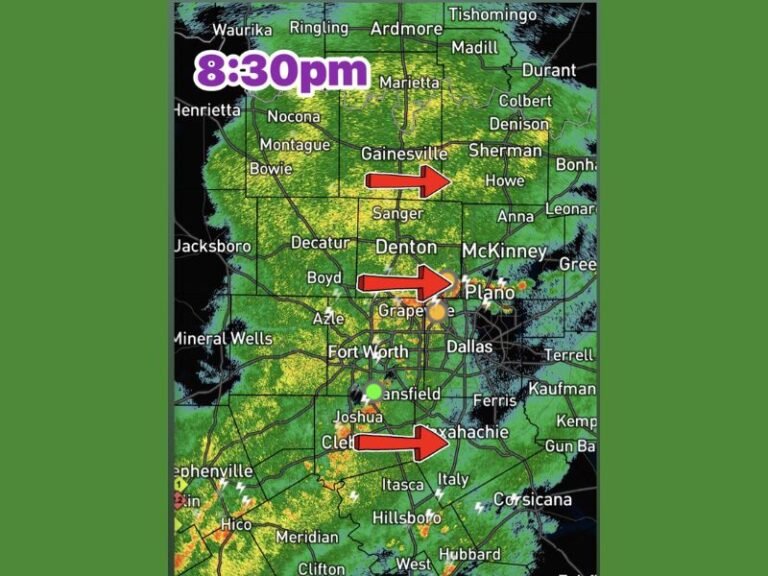 Heavy Rain Lightning and Gusty Winds Push East Through DFW Metroplex at 8:30 PM With Clearing Line Near Jacksboro and Mineral Wells as System Expected to Exit Within Hours