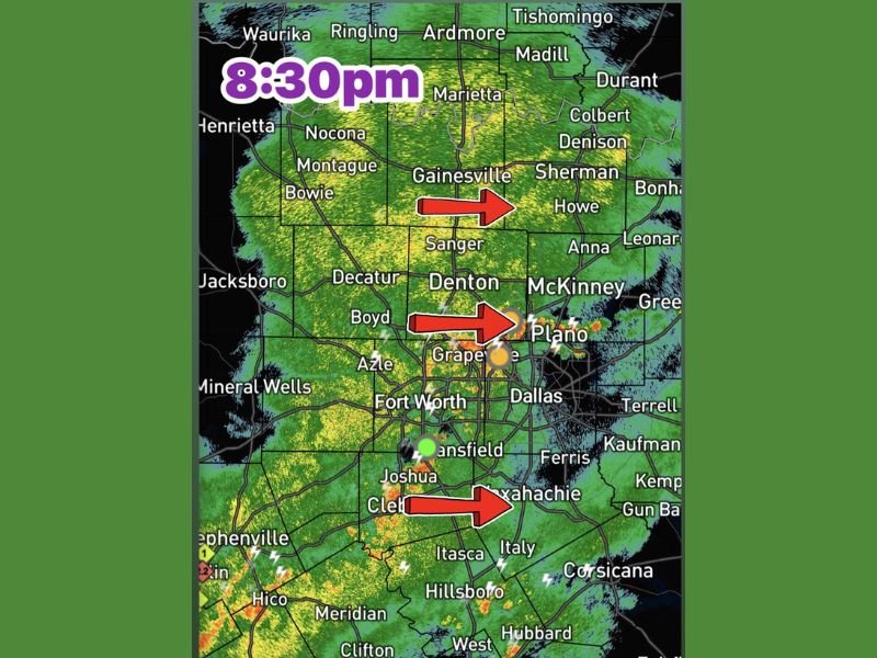 Heavy Rain Lightning and Gusty Winds Push East Through DFW Metroplex at 8:30 PM With Clearing Line Near Jacksboro and Mineral Wells as System Expected to Exit Within Hours