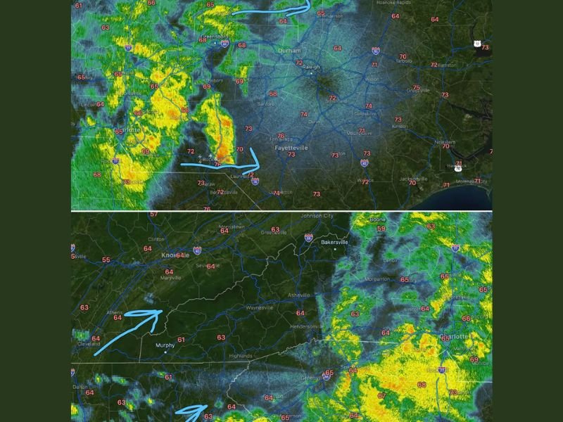Heavy Rain Showers and Scattered Wave Rainfall Push East Across North Carolina Overnight Into Thursday Morning With Passing Thunderstorms Possible but Severe Weather Unlikely