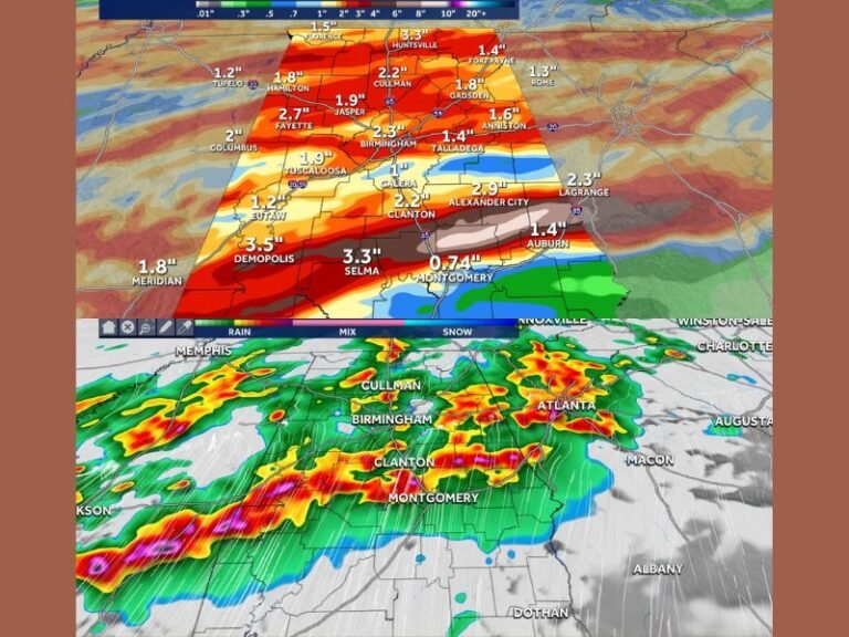 Heavy Rain and Flash Flood Emergency Threatens Alabama on Wednesday With Severe Wind Gusts and Tornado Risk Focusing Near and South of I-20 After 7 PM and Rain Totals Reaching Up to 3.5 Inches