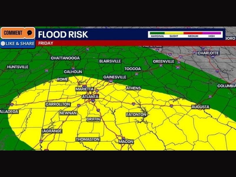 Heavy Rain and Storms Push Through North Georgia and Atlanta Metro Friday Night With Slight to Medium Flood Risk Covering the Entire Greater Atlanta Region