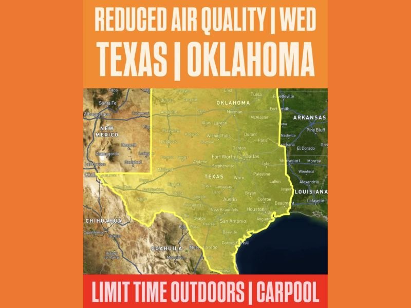 High Ozone Air Pollution Alert Wednesday Across Texas and Oklahoma With Urban Areas at Greatest Risk as Residents With Respiratory Issues Urged to Limit Outdoor Exposure and Carpool