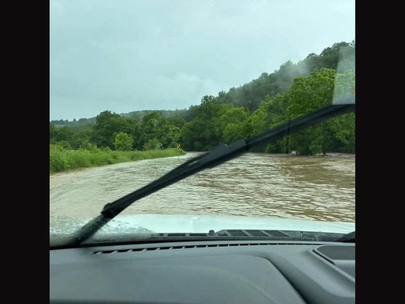 Highway 74 Completely Inundated by Floodwaters Near Landis in Searcy County Arkansas as Dangerous Road Flooding Shuts Down Travel This Afternoon