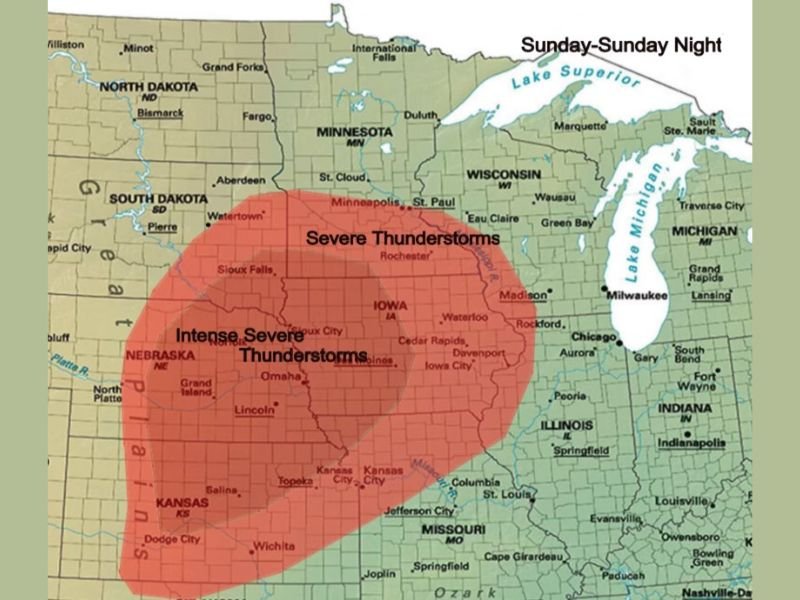 Intense Severe Thunderstorms With Tornadoes Very Large Hail and Damaging Winds Targeting Iowa Nebraska Kansas and South Dakota Sunday Through Sunday Night as All-Hazard Risk Develops