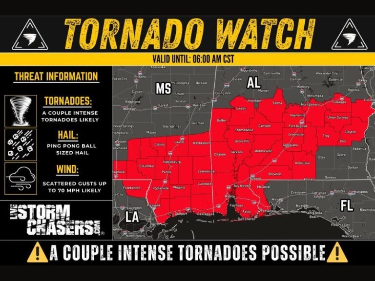 Intense Tornadoes and 70 MPH Damaging Winds Threaten Alabama, Florida, Louisiana and Mississippi Under Tornado Watch Valid Until 6 AM CST With Ping Pong Ball Hail Also Possible