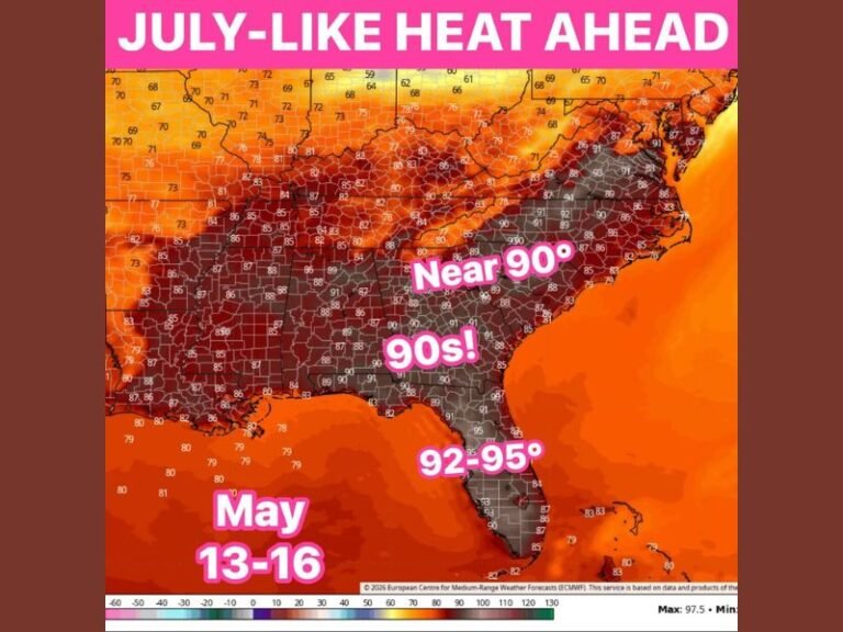 July-Like Heat Surging to 90s and 95 Degrees Across the Southeast From May 13 to 16 as Large High Pressure Dome Builds Into the Region Bringing Summer Conditions Weeks Early