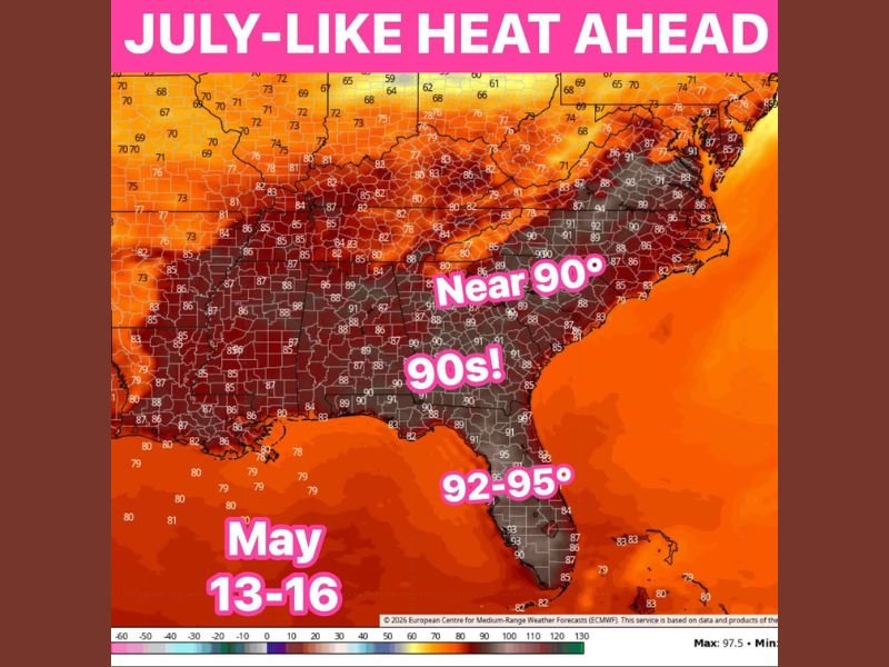 July-Like Heat Surging to 90s and 95 Degrees Across the Southeast From May 13 to 16 as Large High Pressure Dome Builds Into the Region Bringing Summer Conditions Weeks Early