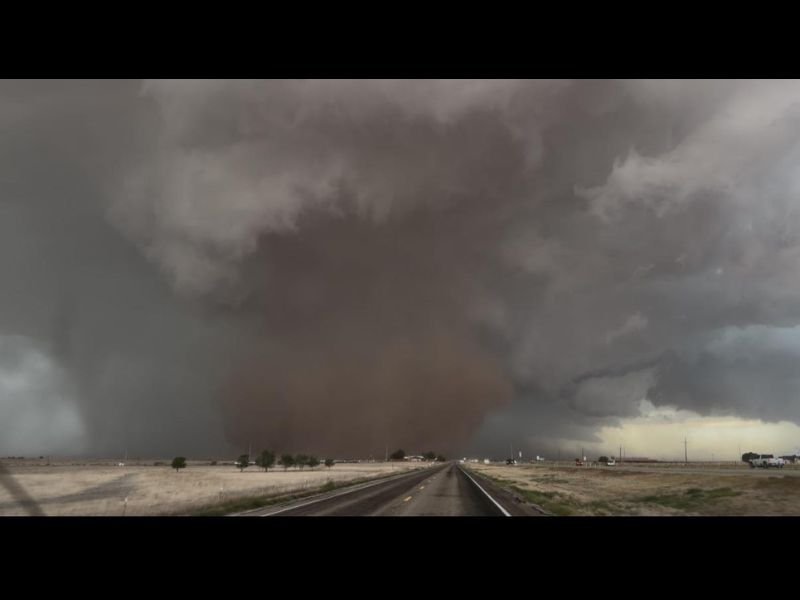 Large Mesocyclonic Tornado Touches Down North of Abernathy Texas Near Interstate 27 as Massive Debris Filled Circulation Consumes the South Plains Landscape