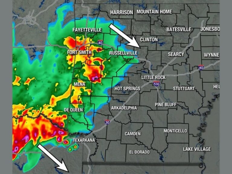 Late Night Storm Line to Enter Western Arkansas Between 3 and 5 AM Sunday With Heavy Rain Thunder and Low Severe Risk Tracking Southeast Through Fort Smith and Texarkana Ahead of Mothers Day