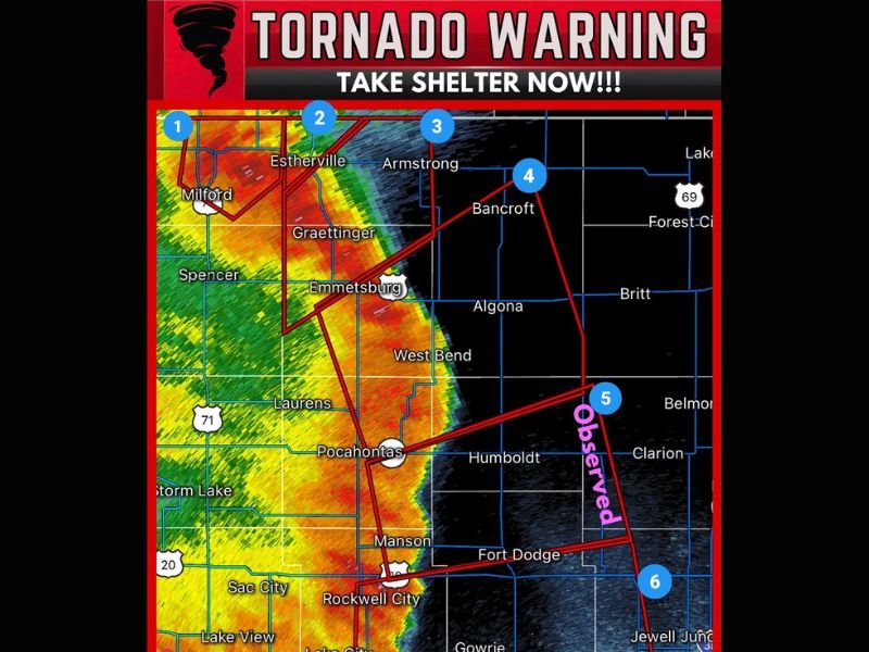 Multiple Tornado Warnings Issued Across Northwest Iowa as Six Simultaneous Severe Storms Including One Confirmed Tornado Threaten Communities From Spirit Lake to Rockwell City