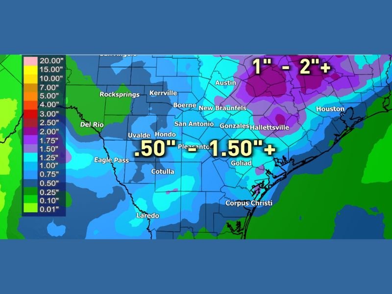 NOAA Weather Prediction Center Seven Day Rainfall Forecast Shows Half Inch to Over Two Inches Expected Across South and Central Texas With Rain Chances Extending Beyond the Forecast Window