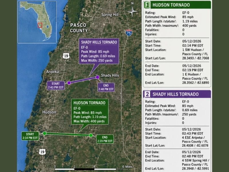 NWS Confirms Two EF-0 Tornadoes Touching Down in Pasco County Florida on May 12 With Hudson and Shady Hills Both Producing 85 MPH Winds and Zero Fatalities or Injuries