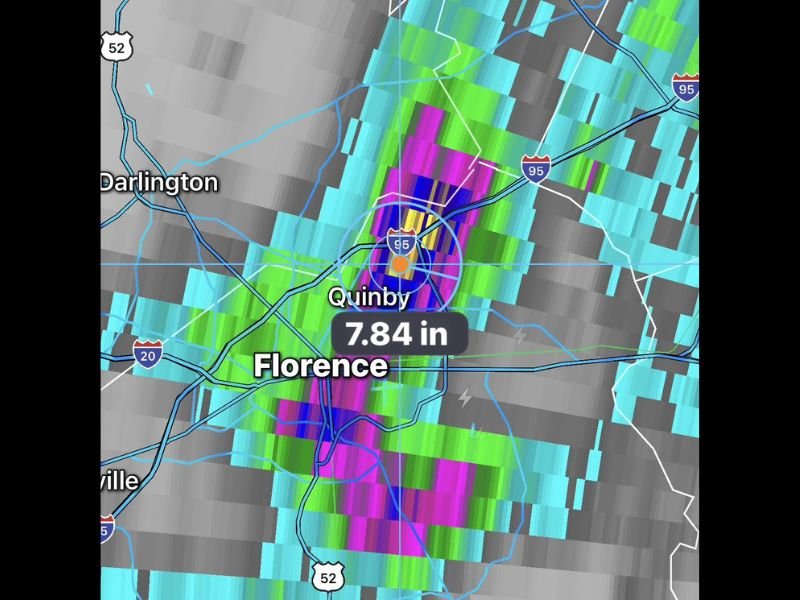Nearly 8 Inches of Rain Inundates Florence and Quinby South Carolina in a Single Day as Slow Moving Storms Dump One of the Heaviest Rainfall Totals Seen in the Region So Far