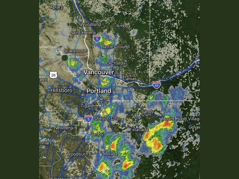 Numerous Thunderstorms Develop Simultaneously Across Portland Oregon and Vancouver Washington at 7:35 PM Moving North Through the Metro Corridor on May 12