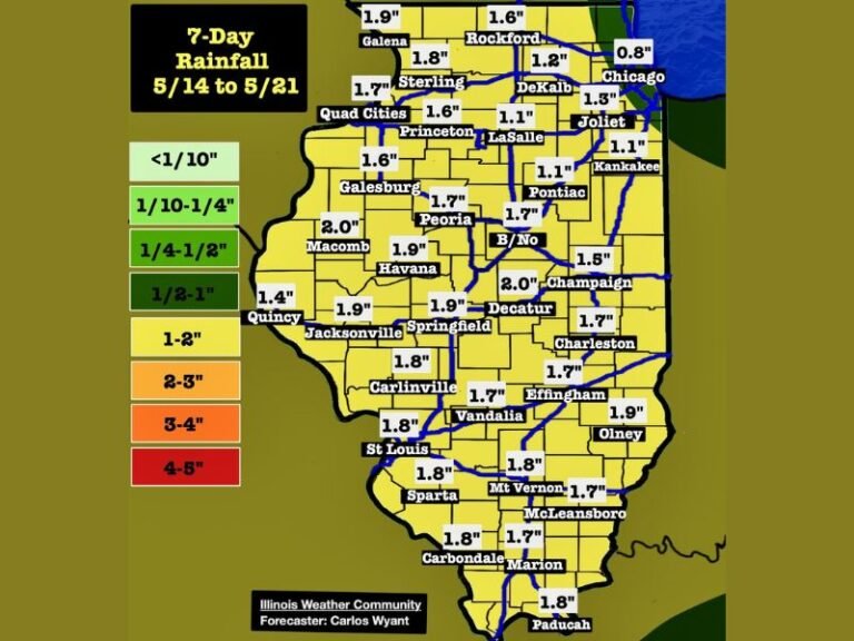 One to Four Inches of Rainfall to Drench Illinois From May 14 to 21 as Waves of Evening Storms and Overnight Clusters Help Replenish Drought Stricken Areas Statewide