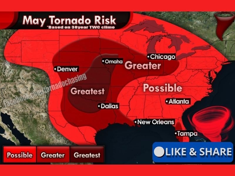 Peak Tornado Season Approaches in May With Greatest Risk Centered Across Central Plains and Dallas Corridor While Chicago, Omaha, and Atlanta Face Greater and Possible Threat Levels