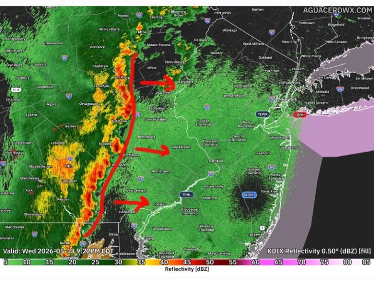Persistent Storm Line Bringing 35 to 45 MPH Winds Lightning and Heavy Downpours Into Eastern Pennsylvania Wednesday Night as Line Tracks Toward Bethlehem Doylestown and Chester