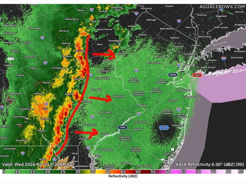 Persistent Storm Line Bringing 35 to 45 MPH Winds Lightning and Heavy Downpours Into Eastern Pennsylvania Wednesday Night as Line Tracks Toward Bethlehem Doylestown and Chester