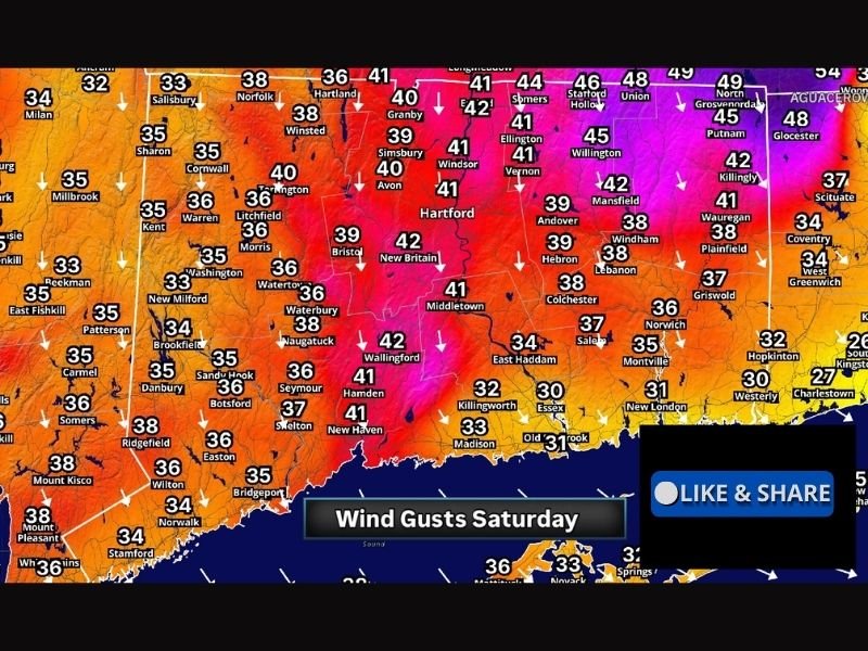 Powerful Wind Gusts Up to 49 MPH Set to Roar Across Connecticut Saturday With Hartford Corridor and Northern Communities Facing the Strongest Impacts
