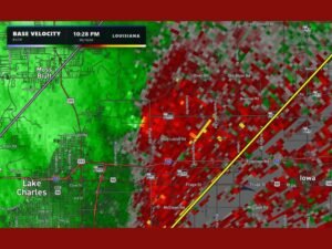 Quick Hitting Tornado Possible on the Northeast Side of Lake Charles Louisiana as Base Velocity Radar Shows Dangerous Rotation on May 19