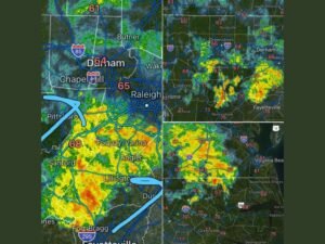 Scattered Showers Move Into the Triangle Region of Central North Carolina at 11 PM With Overnight Rain Expected Across Raleigh Durham and Chapel Hill and No Severe Weather Anticipated