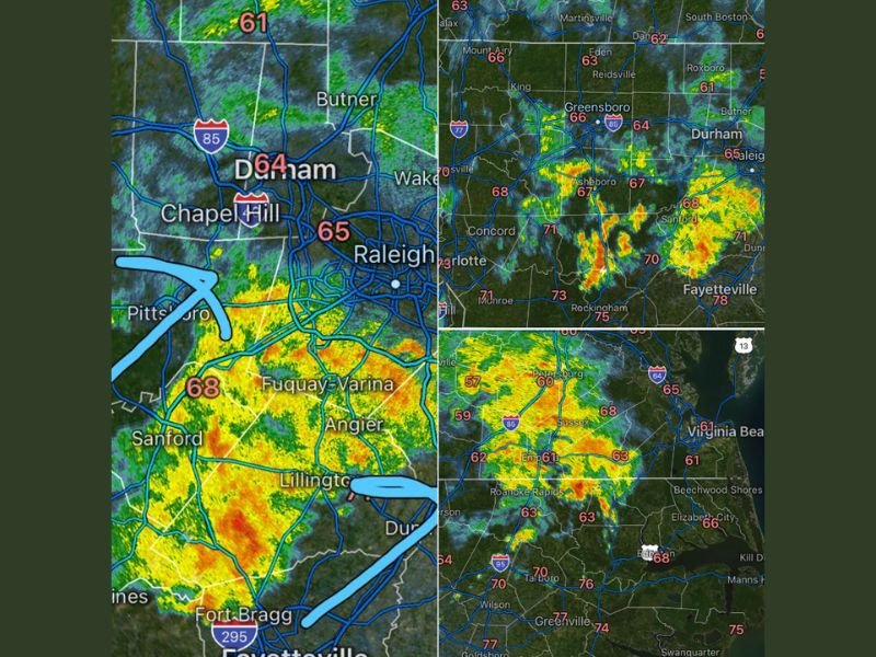 Scattered Showers Move Into the Triangle Region of Central North Carolina at 11 PM With Overnight Rain Expected Across Raleigh Durham and Chapel Hill and No Severe Weather Anticipated