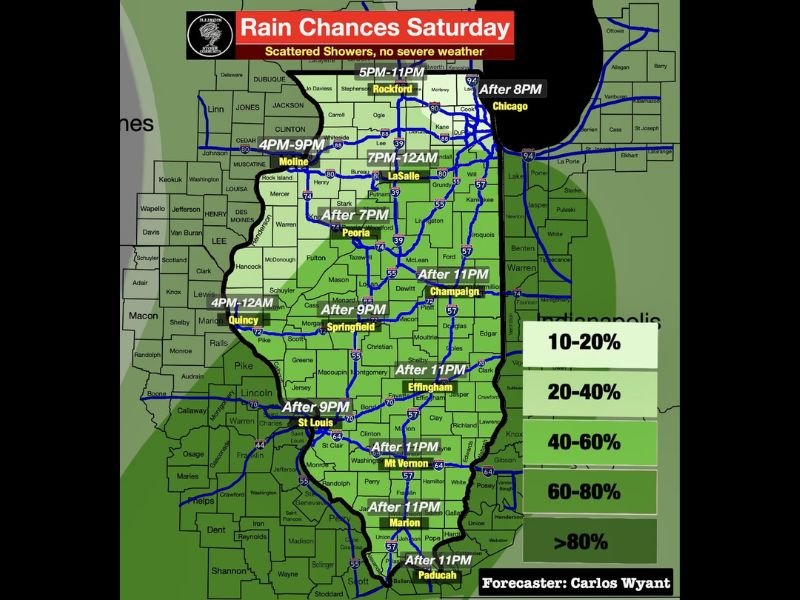 Scattered Showers Return to Illinois Saturday Evening Through Overnight With Staggered Timing From Moline and Quincy Through Chicago and No Severe Weather Expected Statewide