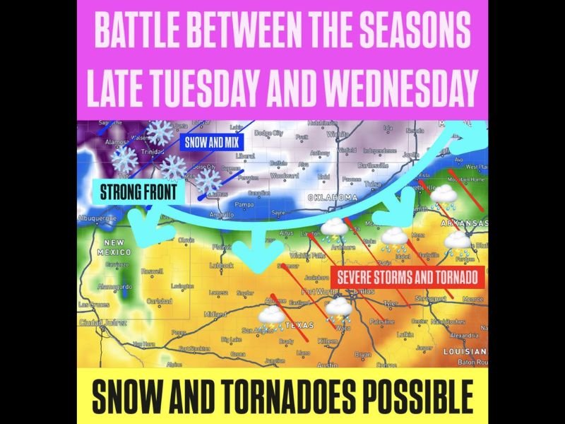 Severe Storms Tornadoes and Snow Possible Simultaneously Across Southern Plains as Strong Front Triggers Dramatic Battle Between Seasons Late Tuesday and Wednesday
