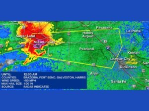 Severe Thunderstorm Warning Issued for Fort Bend, Brazoria, Galveston, and Harris Counties in Texas With 50 MPH Winds and One Inch Hail Threatening Sugar Land, Missouri City, and Pearland Until 12:30 AM