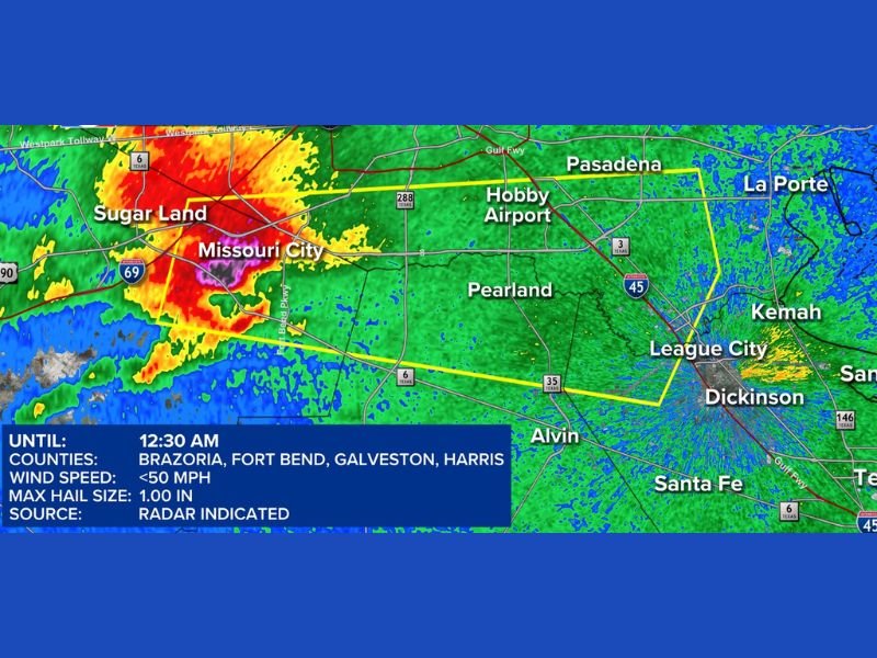 Severe Thunderstorm Warning Issued Across Fort Bend, Brazoria, Galveston, and Harris Counties Texas With 50 MPH Winds and One Inch Hail Until 12:30 AM
