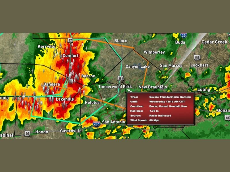 Severe Thunderstorm Warning Issued for Bexar Kendall Comal and Bandera Counties Texas With 60 MPH Wind Gusts Small Hail and Torrential Rainfall Moving East Southeast Through San Antonio