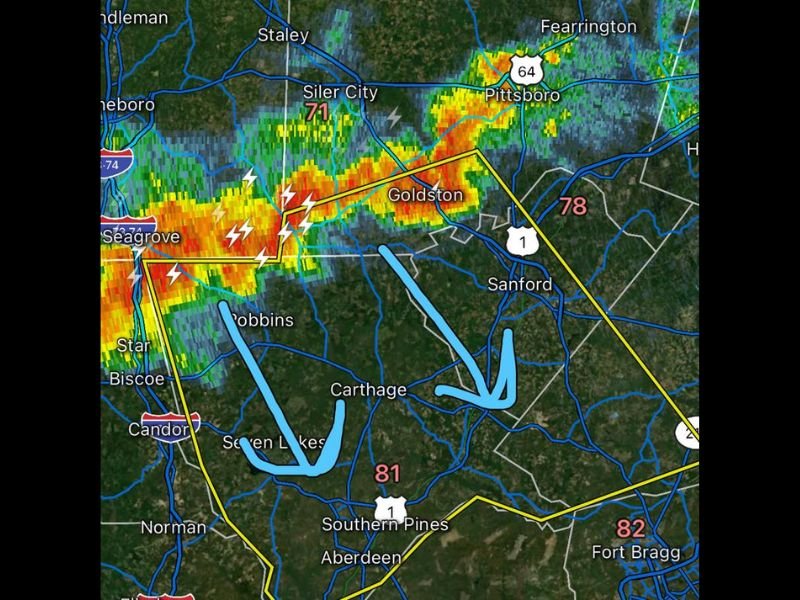 Severe Thunderstorm Warning Issued for Central North Carolina Counties With 60 MPH Wind Gusts Threatening Sanford Pinehurst and Southern Pines
