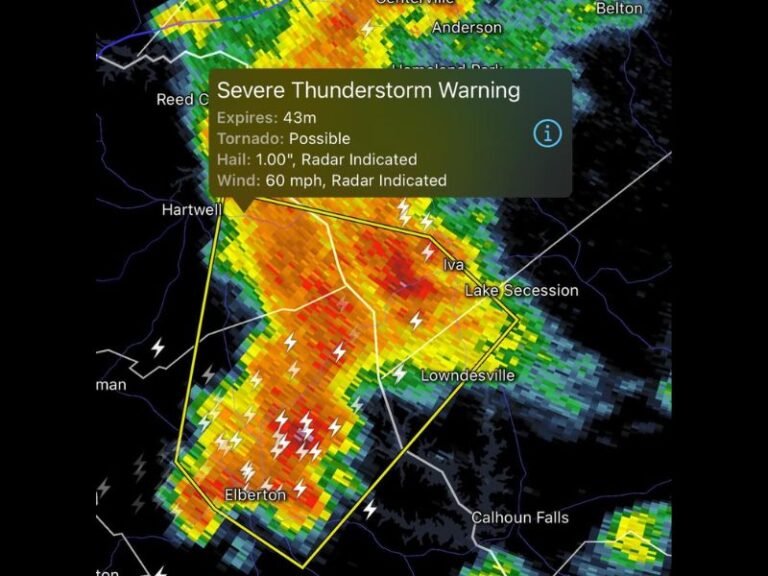 Severe Thunderstorm Warning With Tornado Possible Covers Abbeville and Anderson Counties South Carolina With 60 MPH Winds One Inch Hail and Torrential Rain Ongoing
