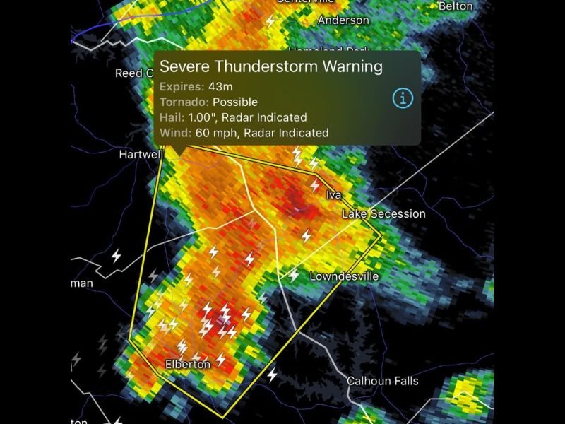 Severe Thunderstorm Warning With Tornado Possible Covers Abbeville and Anderson Counties South Carolina With 60 MPH Winds One Inch Hail and Torrential Rain Ongoing