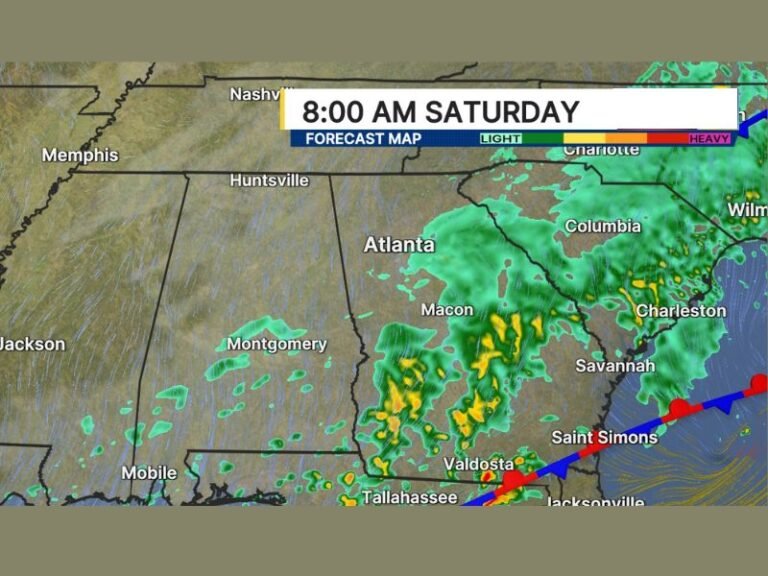 Soaking Rain and Heavy Downpours Target Wildfire-Stricken South Georgia With Rainfall Spreading Across Atlanta, Macon, Savannah, and Valdosta by 8 AM Saturday