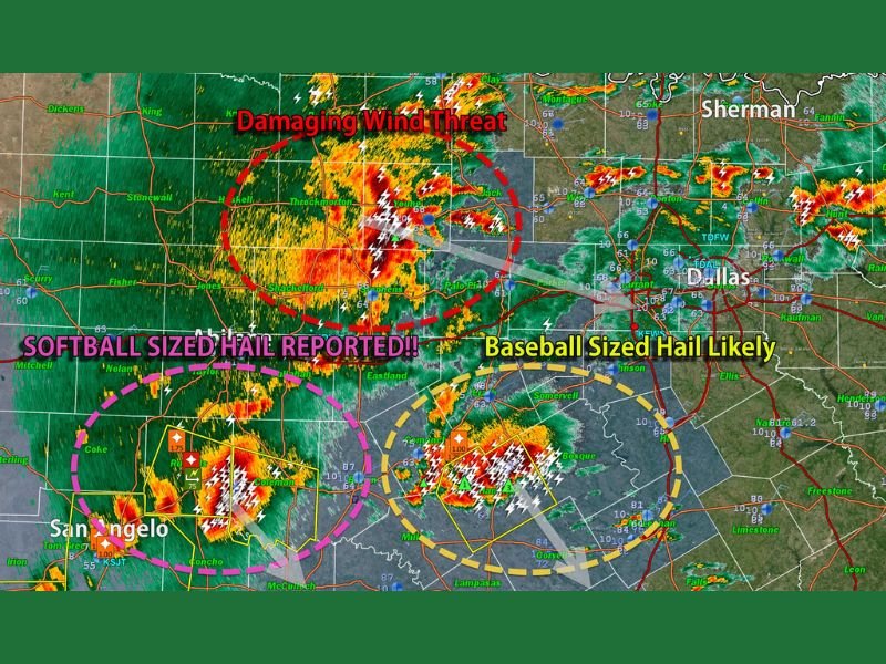 Softball Size Hail and Tornado Strike West-Central Texas as Three Major Storm Clusters Bring Baseball Size Hail Near Hamilton and Increasing Damaging Wind Threat Toward DFW Metro