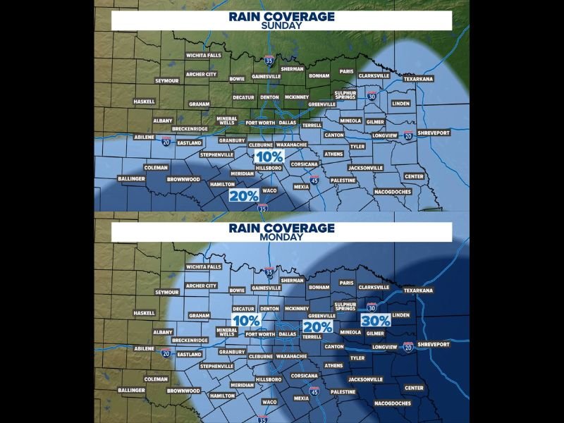 Spotty Showers and Storms Possible Across North and Central Texas Sunday and Monday With Low Rain Coverage of 10 to 30 Percent and Neither Day Expected to Be a Washout