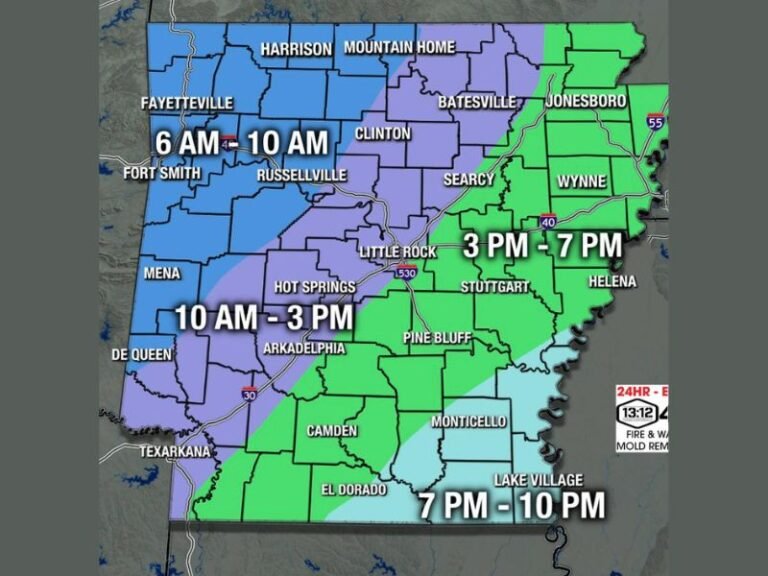 Staggered Storm Timing Moves Across Arkansas Tuesday From Early Morning Through Late Night With Rain and Thunder Expected Statewide and a Few Stronger Storms Possible