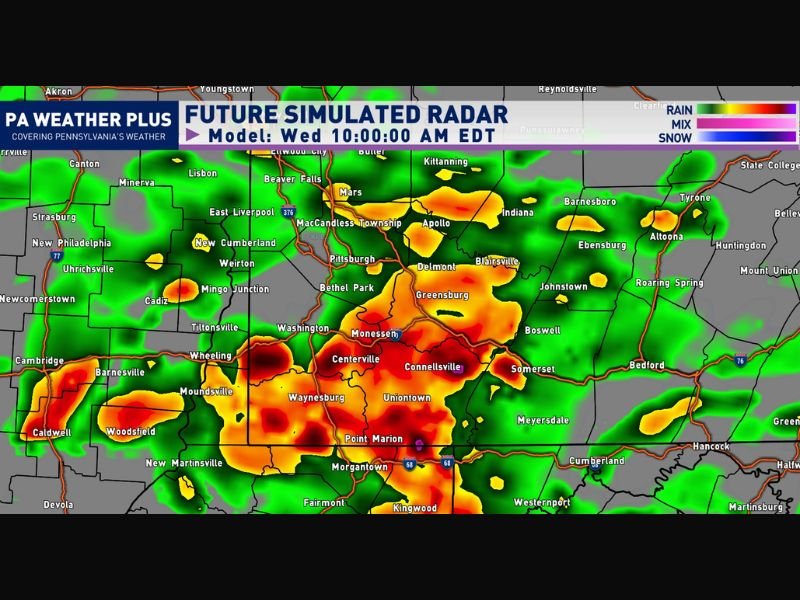 Stationary Front to Unleash Heavy Downpours and Flash Flood Risk Across Far Southwestern Pennsylvania Wednesday Morning With Peak Timing Between 6 AM and Noon