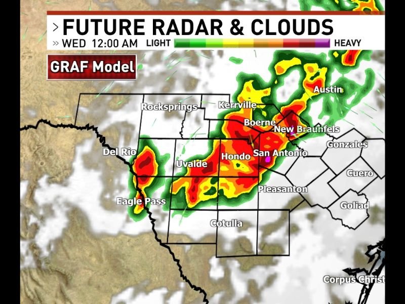 Storm Complex Develops Across South Central Texas Tuesday Night Moving East Through San Antonio Austin and New Braunfels Corridor With Heavy Rain Expected by Wednesday Midnight