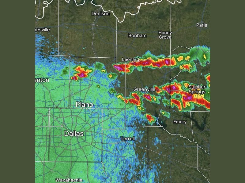 Storms Developing Across Collin and Hunt Counties Texas With Small Hail and Gusty Winds Possible as Intense Cells Pop Near Leonard Greenville and Sulphur Springs