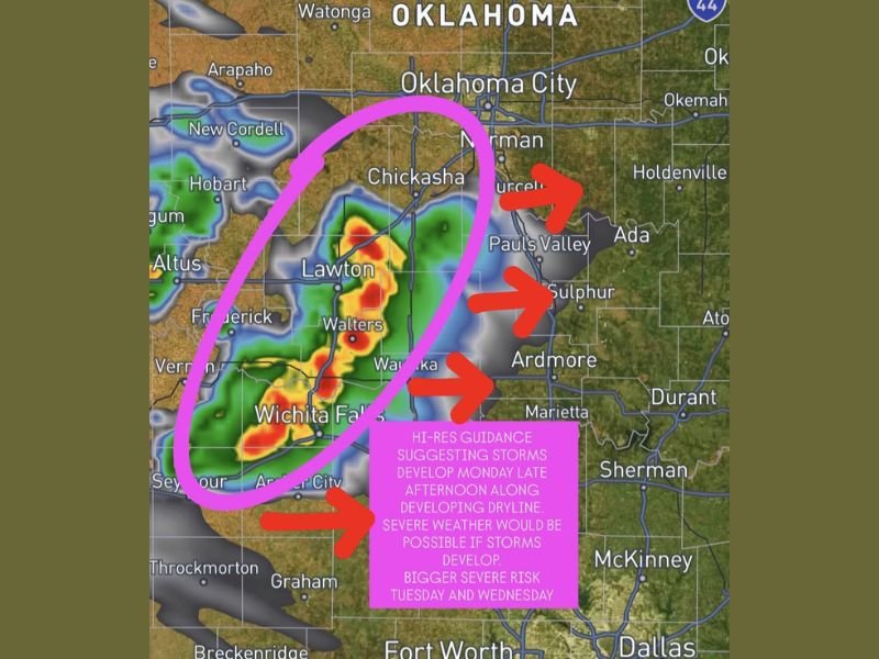 Storms Firing Along Developing Dryline Bring Severe Weather Threat Across Western Oklahoma and Northwest Texas Monday With Bigger Risk Tuesday and Wednesday